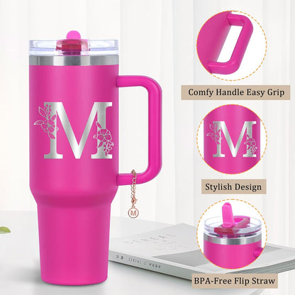 Personalized 40 oz Monogrammed Tumbler with Handle and Flip Straw Lid, 100% Leak Proof stainless steel Insulated Tumbler, Customized Initial Funny Gifts for Women Mom Sisters Coworker, A