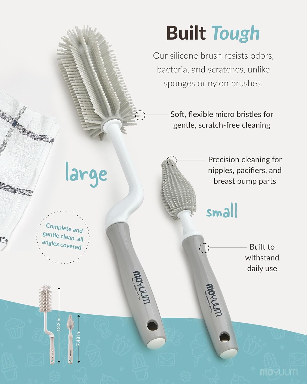 Moyuum Silicone Baby Bottle and Nipple Brush Set | Made in Korea, 360 Degree Rotating Handle, Soft Bristles, Hanging Hole for Quick Drying and Storage, Dishwasher Safe (Cool Grey)
