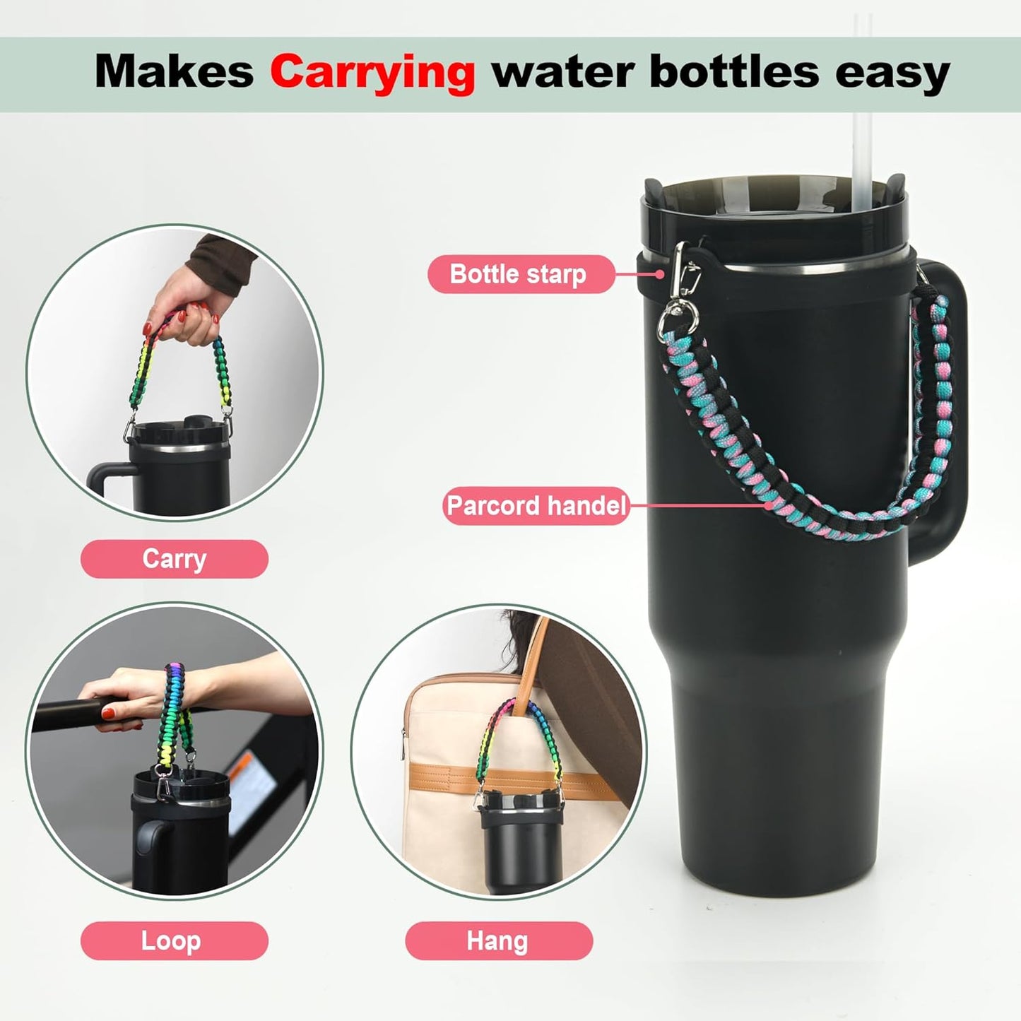 Wongeto Paracord Handle Strap for Stanley Cup - Heavy Duty Compatible with Stanley 40oz 30oz Tumbler, Stanley Cup Accessories