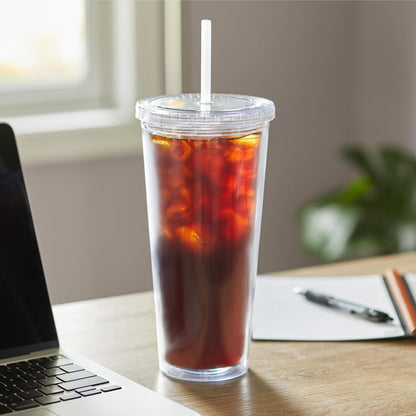 24oz Double Wall Plastic Tumblers with Lids and Straws | Large Classic Travel Tumbler | 4 Pack Set of 4 | Clear Reusable Cups with Straws | BPA Free