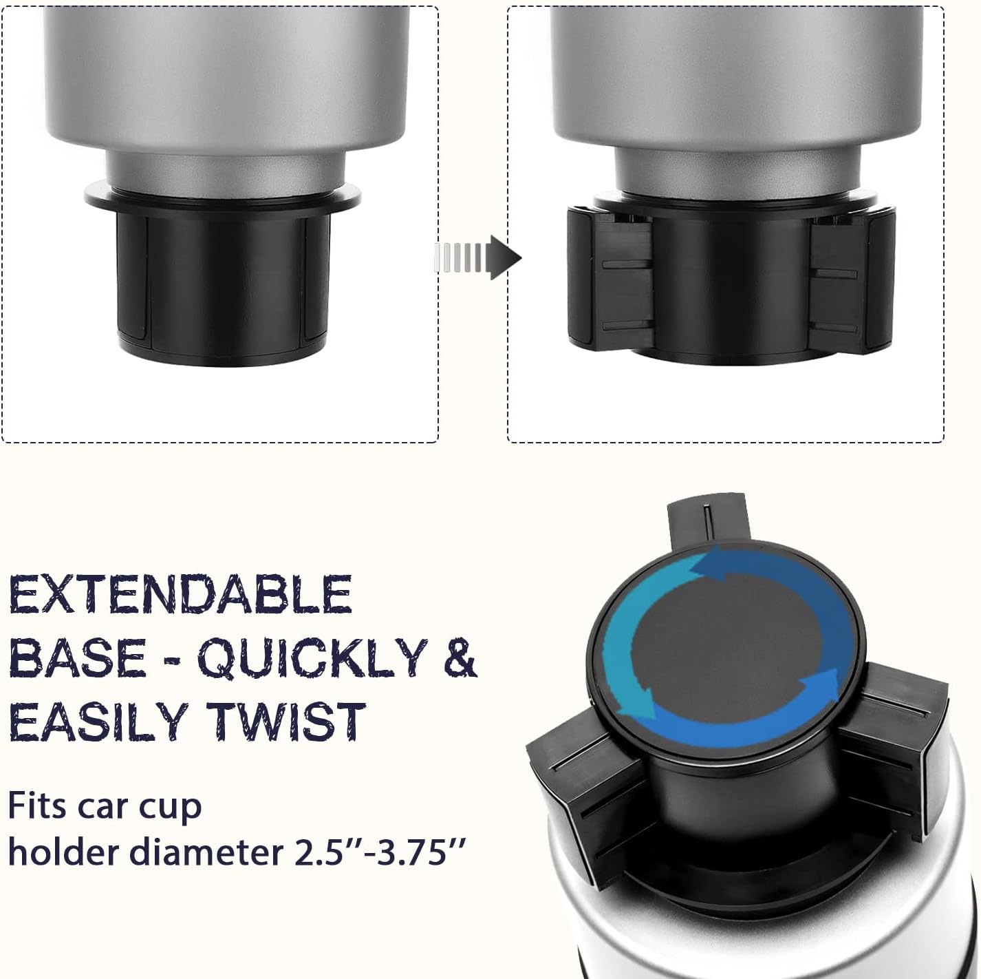 Seven Sparta Car Cup Holder Expander with Offset Adjustable Base, Compatible with Hydro Flasks 32/40 Ounce, Compatible with Yeti Ramblers 20/26/30 Ounce, Other Bottles in 3.4"-3.8" (Black)