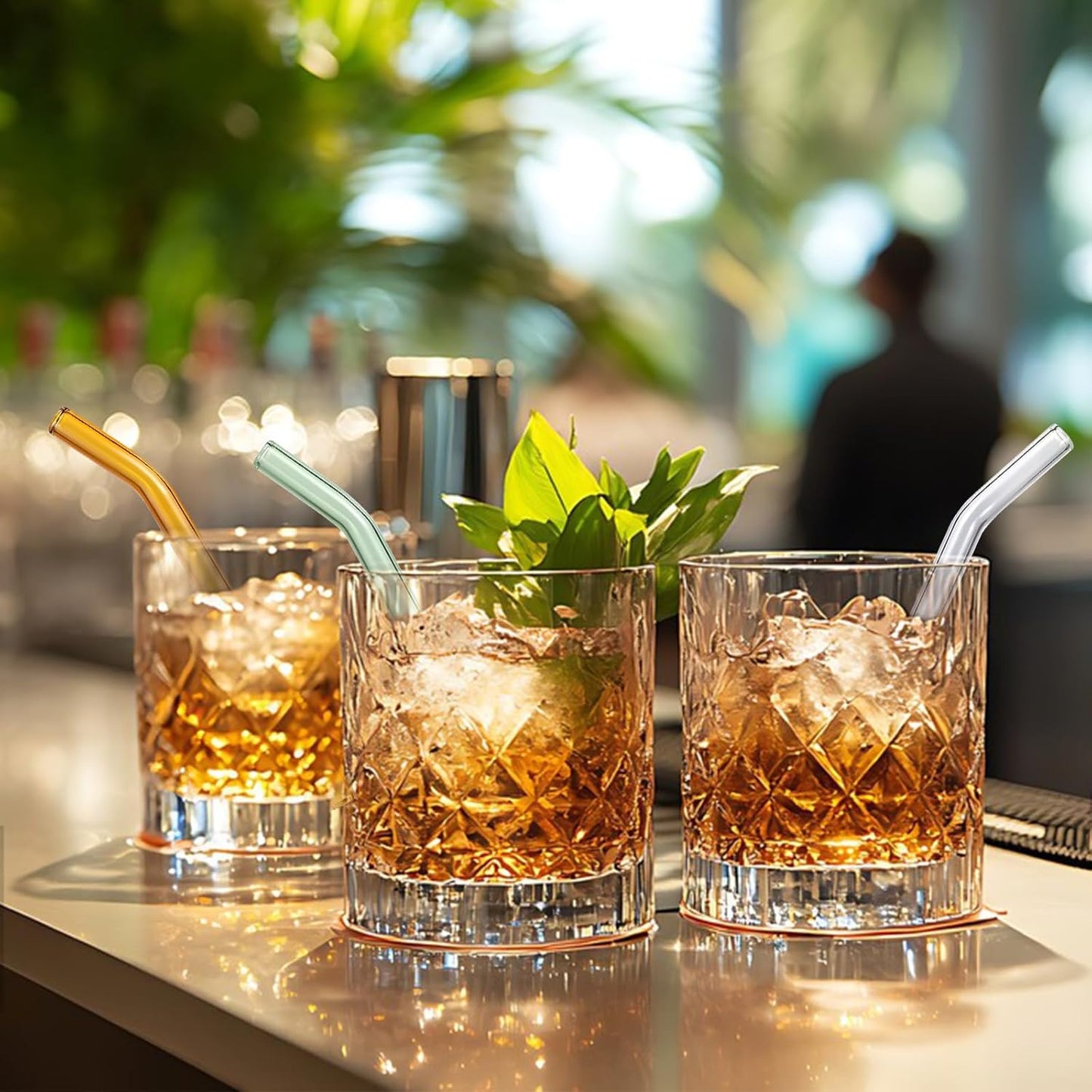 10 Pcs Reusable Bent Short Glass Straws,6''x8 mm Colorful Glass Straws Shatter Resistant with 2 Cleaner Brush for Short Tumblers,Whiskey&Cocktail Glasses Cups,Coffee Mugs