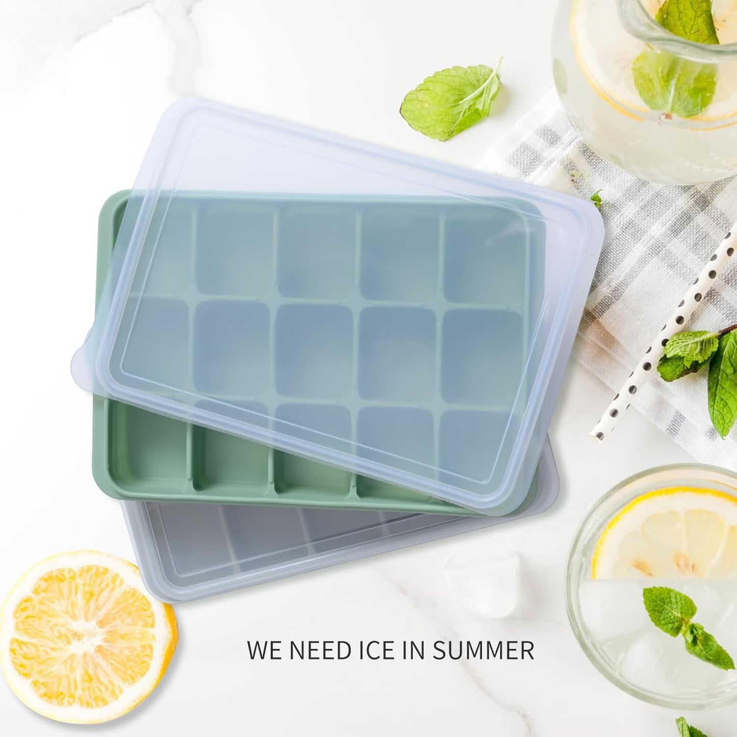 Ice Cube Trays Set of 2, Easy Release 15 Flexible Silicone Ice Cube Molds with Removable Lid Reusable Freezer Ice Trays Stackable for Whiskey, Baby Food, BPA Free (BAMBOO GREEN)