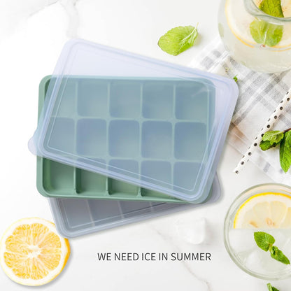 Ice Cube Trays Set of 2, Easy Release 15 Flexible Silicone Ice Cube Molds with Removable Lid Reusable Freezer Ice Trays Stackable for Whiskey, Baby Food, BPA Free (BAMBOO GREEN)