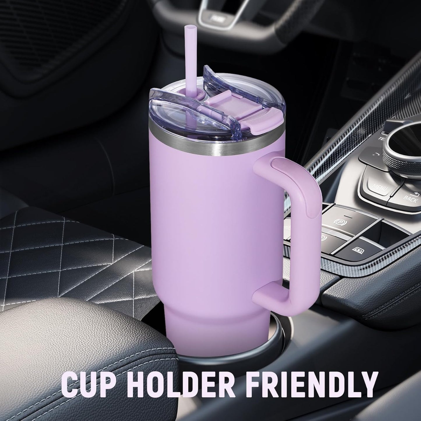 40 oz Tumbler with Handle and Straw Lid,Insulated Reusable Stainless Steel Water Bottle Travel Mug，Cupholder Friendly Double Wall Vacuum Sealed Cup (Black)