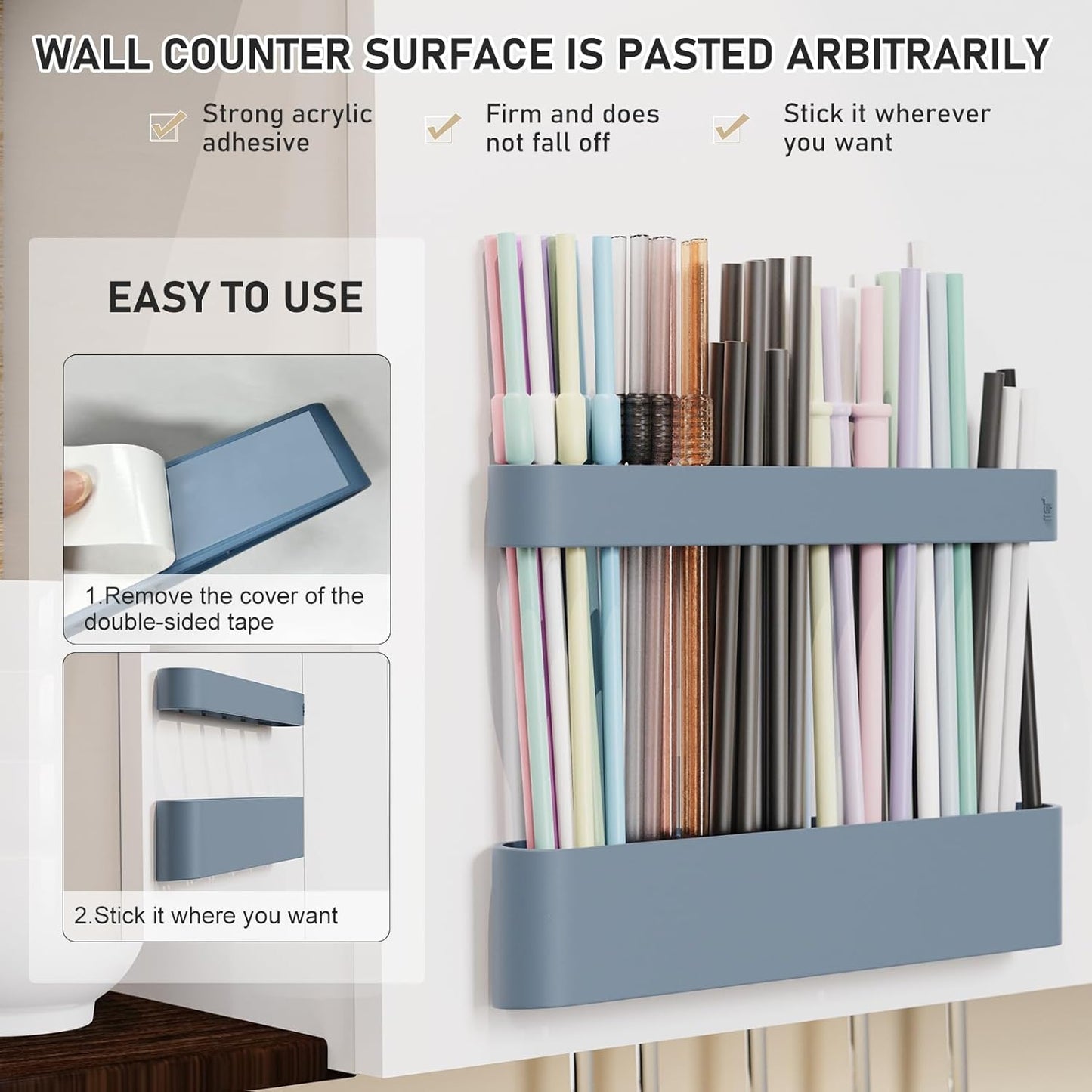 ABLY Straw Holder, reusable straw storage rack, suitable for kitchen walls, counters, cabinet doors, refrigerator doors, etc (Dark blue)