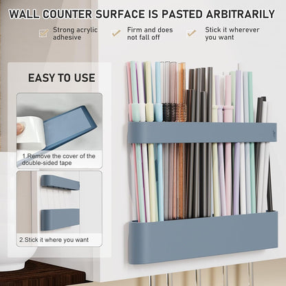 ABLY Straw Holder, reusable straw storage rack, suitable for kitchen walls, counters, cabinet doors, refrigerator doors, etc (Dark blue)