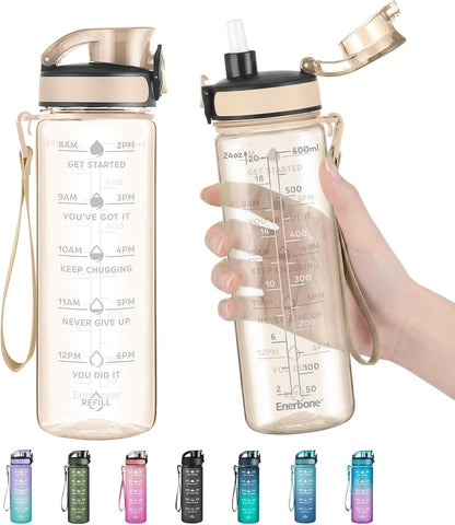 Enerbone Water Bottle, Leakproof BPA & Toxic Free, Motivational Water Bottle with Times to Drink and Straw, Fitness Sports Water Bottle with Strap for Office, Gym, Outdoor Sports