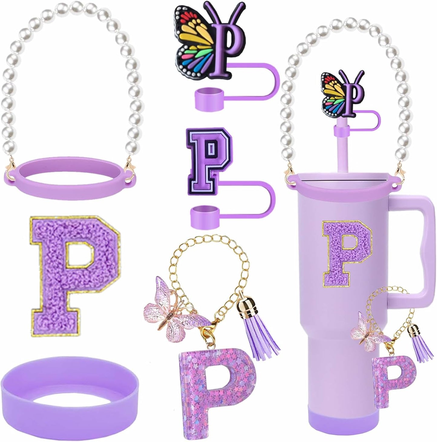 7pcs Cup Accessories for Stanley 30/40oz Tumbler, Handle Strap, Straw Cover, Silicone Boot, Letter Charm Stickers