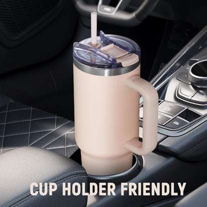 40 oz Tumbler with Handle and Straw Lid,Insulated Reusable Stainless Steel Water Bottle Travel Mug，Cupholder Friendly Double Wall Vacuum Sealed Cup (Black)