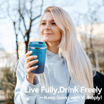 Volhoply 12 oz Double Wall Insulated Vacuum Travel Coffee Mugs with Flip Lid Bulk 2 Pack,Reusable Stainless Steel Leak Proof Coffee Cup,Portable Cafe Thermal Tumbler for Hot & Cold Drinks(Mix,2 Set)