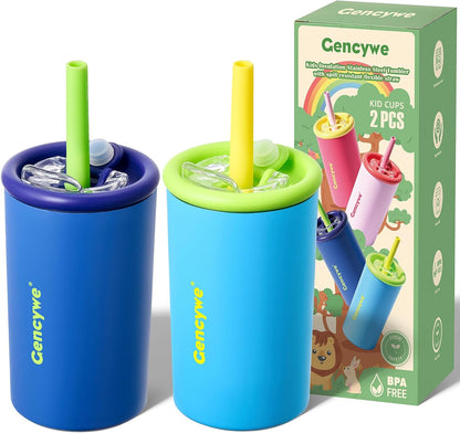 Gencywe 2 PACK Kids Double Walled Stainless Steel Cups with Straws and lids | 12 oz Spill-Proof Sippy Smoothie Tumbler Set, Small Kids Snack & Drink Water Cups, BPA-Free (Age: 3+ years old & up)