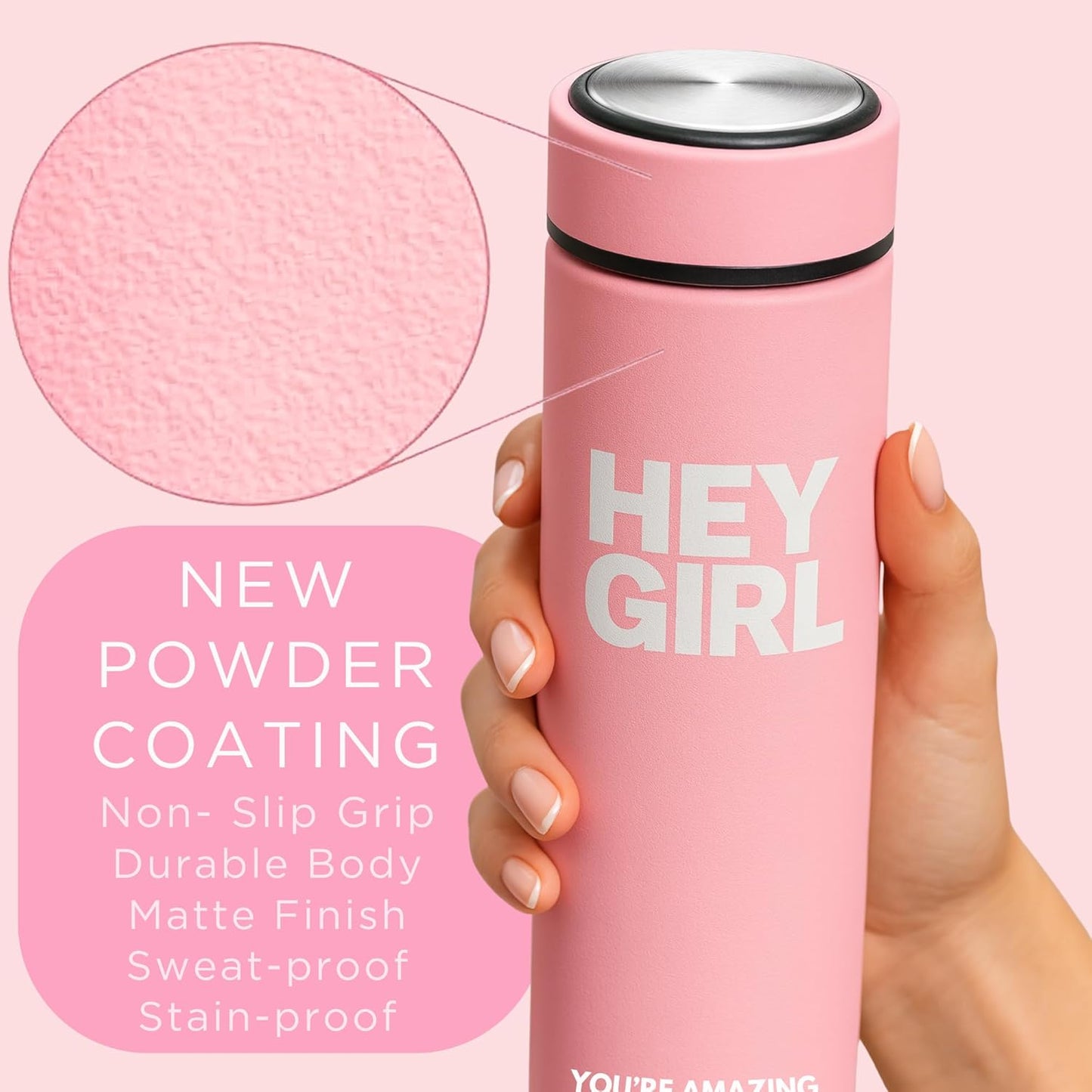 Hey Girl Tea Infuser Bottle 450ml - Insulated Stainless Steel Water Bottle - Tea Tumbler with Tea Diffuser - Portable Travel Mug for Loose Leaf Tea & Infused Water - Tea Lovers Gifts for Women (Pink)