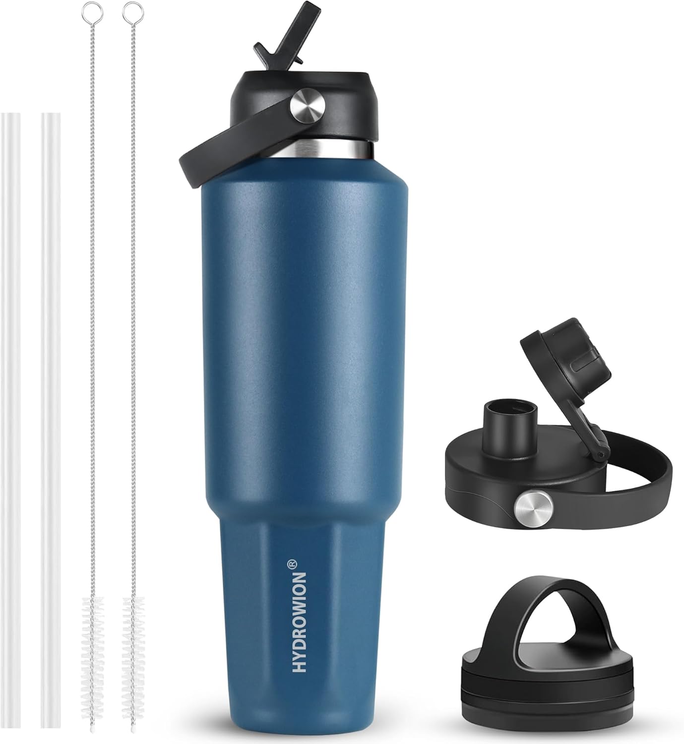 HYDROWION 32oz Stainless Steel Water Bottle(Cold for 48 Hrs, Hot for 24 Hrs),Double Wall Vacuum Insulated Water Bottle with Straw Lid, Spout Lid and Flex Cap, Fit in Any Car Cup Holder,Black