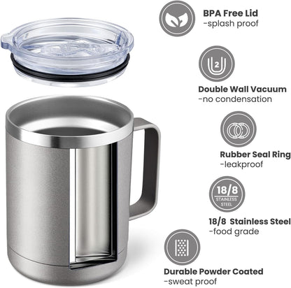 MEWAY 12oz Coffee Mug With Handle and Sliding Lid,Stainless Steel Travel Tumbler Cup with Handle,Double Wall Vacuum Insulated Camping Cup for Hot & Cold Drinks Tea (Black,Set of 1