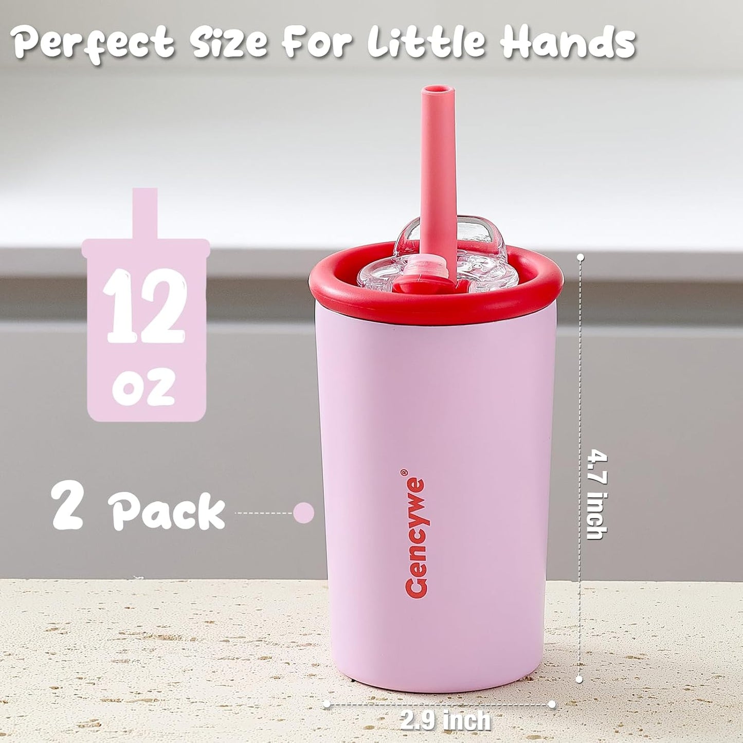 Gencywe 2 PACK Kids Double Walled Stainless Steel Cups with Straws and lids | 12 oz Spill-Proof Sippy Smoothie Tumbler Set, Small Kids Snack & Drink Water Cups, BPA-Free (Age: 3+ years old & up)