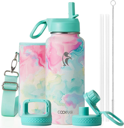 Half Gallon Water Bottle Insulated with Straw & 3 Lids, Coolflask 64 oz Water Jug Large Metal Stainless Steel Wide Mouth for Sports, Gym or Office, Non-BPA Keep Cold 48H Hot 24H, Samurai Cyan