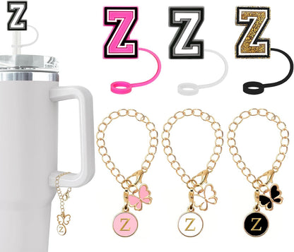 （3 +3) 3PCS Nuozme Straw Cover 10mm For Stanley Tumbler Cup Reusable Straw Cap Topper with 3 Initial Letter Charms Accessories Name ID Personalized Handle Charm For Stanley 30&40 Oz Cup Tumbler - Colors A