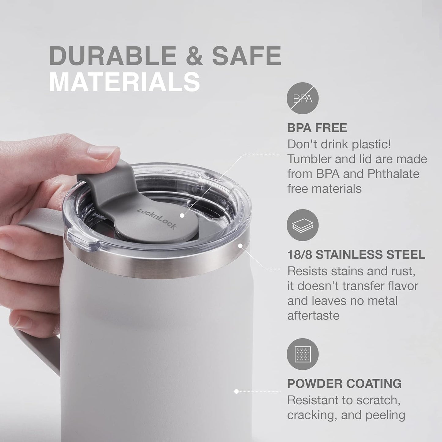 LocknLock Metro Mug Premium 18/8 Stainless Steel Double Wall Insulated with Handle Perfect for table with Lid, Black, 16 oz