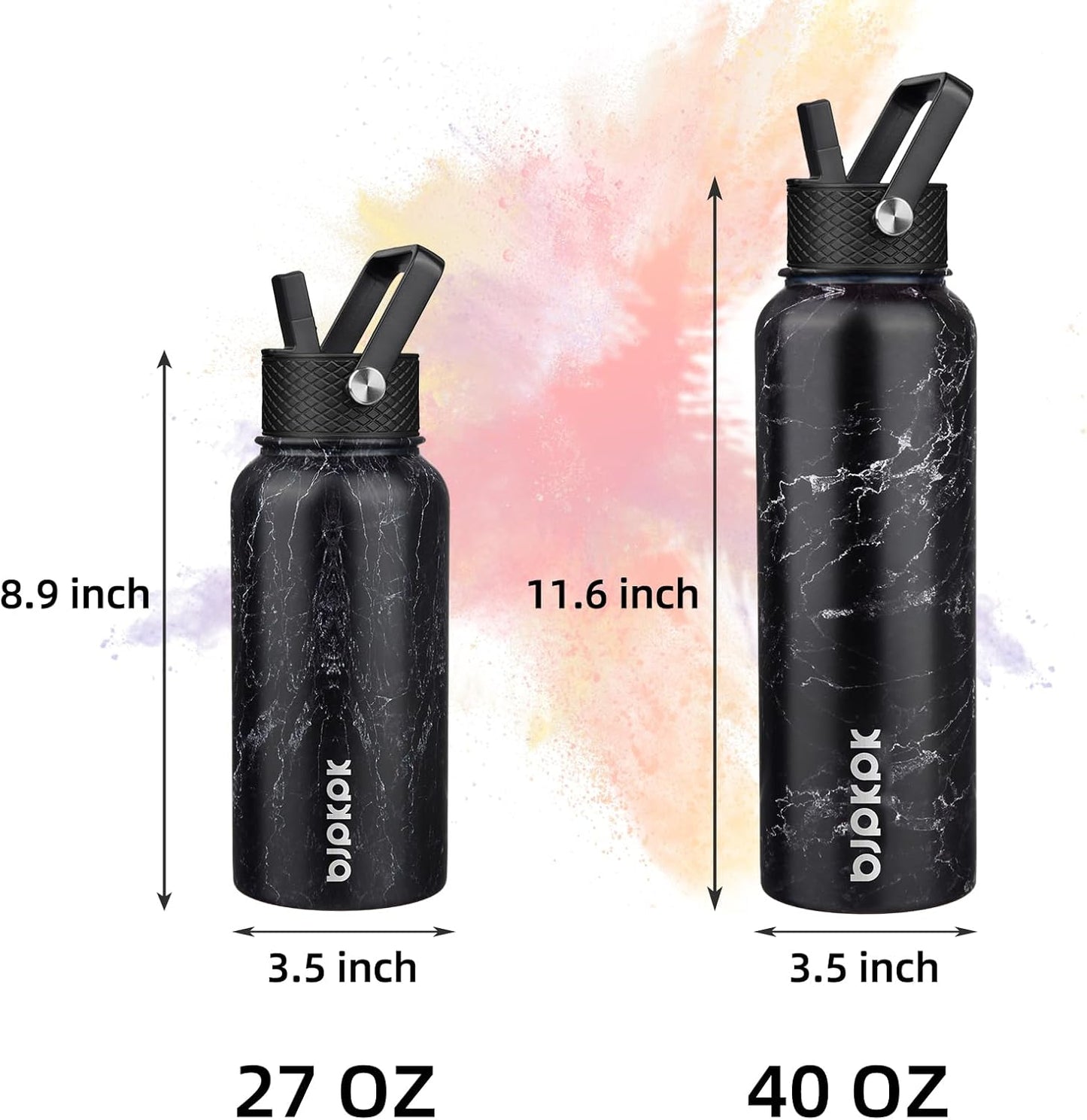 BJPKPK Insulated Water Bottles with Straw Lid, 40oz Stainless Steel Water Bottles with 3 Lids, BPA Free Leakproof Thermo, Tumblers, Cups for Sports, Gym- Midnight - Colors A