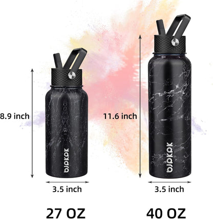 BJPKPK Insulated Water Bottles with Straw Lid, 40oz Stainless Steel Water Bottles with 3 Lids, BPA Free Leakproof Thermo, Tumblers, Cups for Sports, Gym- Midnight - Colors A