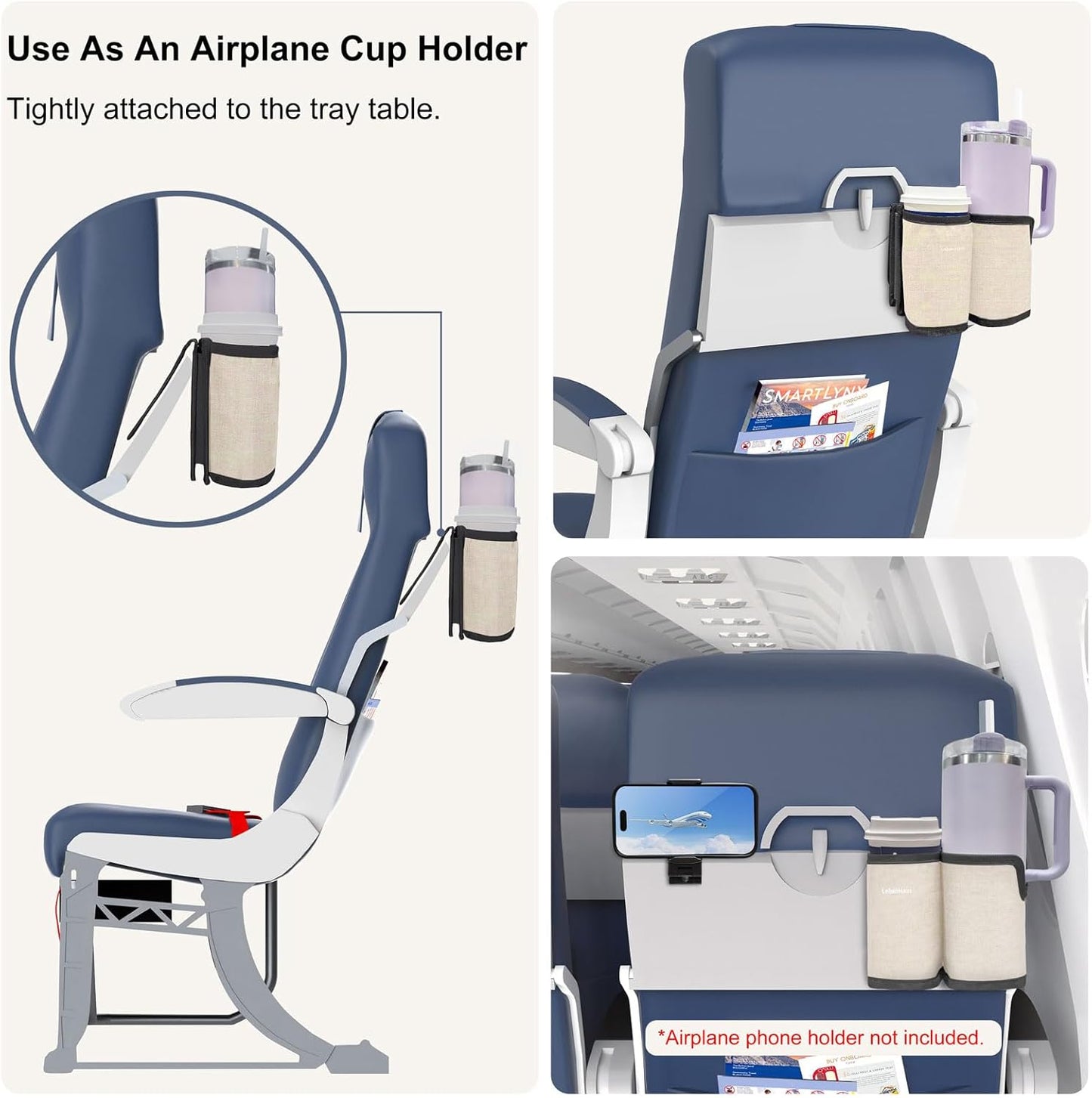 2 in 1 Luggage Cup Holder for Suitcase Airplane Cup Holder for Tray Table Drink Carrier for Stanley Tumblers Coffee Beverage Organizer Luggage Drink Holder Travel Gifts for Women (Gray)