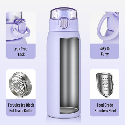 Insulated Water Bottle 24 oz with Dustproof Lid, Carry Handle & Tea Infuser, BPA-Free & Leakproof, Stainless Steel Water Bottles Ideal for Fitness, Hiking, Office & Outdoor Use (Black)