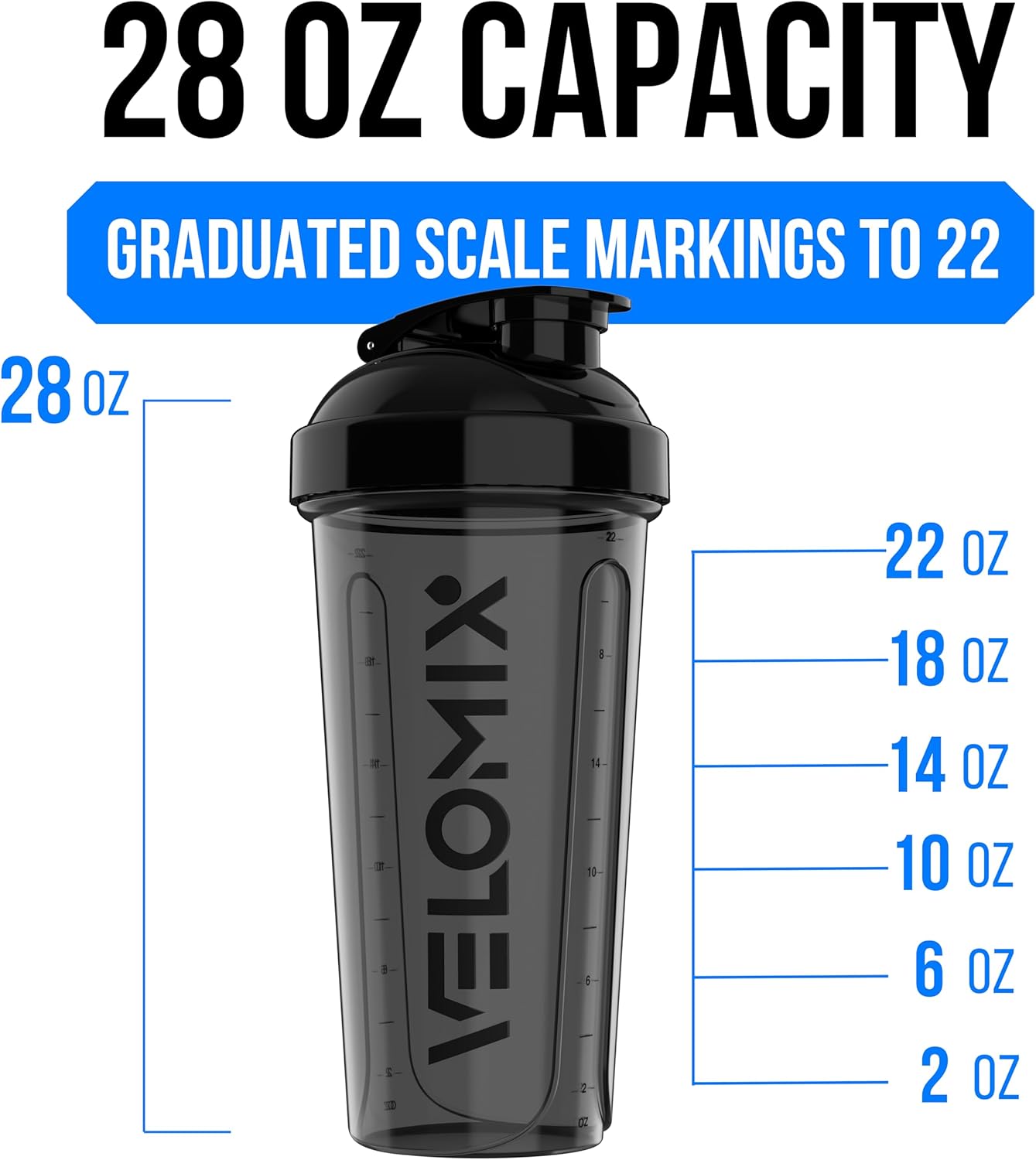 VELOMIX -2 Pack- 28 oz Protein Shaker Bottles for Protein Mixes - 2x Wire Whisk | Leak Proof Shaker Cups for Protein Shakes | Protein Shaker Bottle Pack (Black/Transparent)