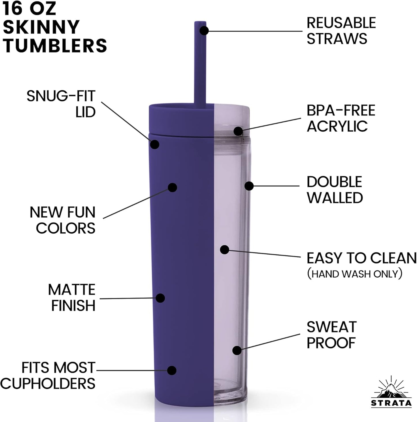 STRATA CUPS Perwinkle Skinny Tumblers with Lids and Straws (4 pack), 16oz Matte Pastel Colored Acrylic Tumblers with Lids and Straws, Double Wall Skinny Tumbler Bulk, Reusable Cup with Straw Cleaner