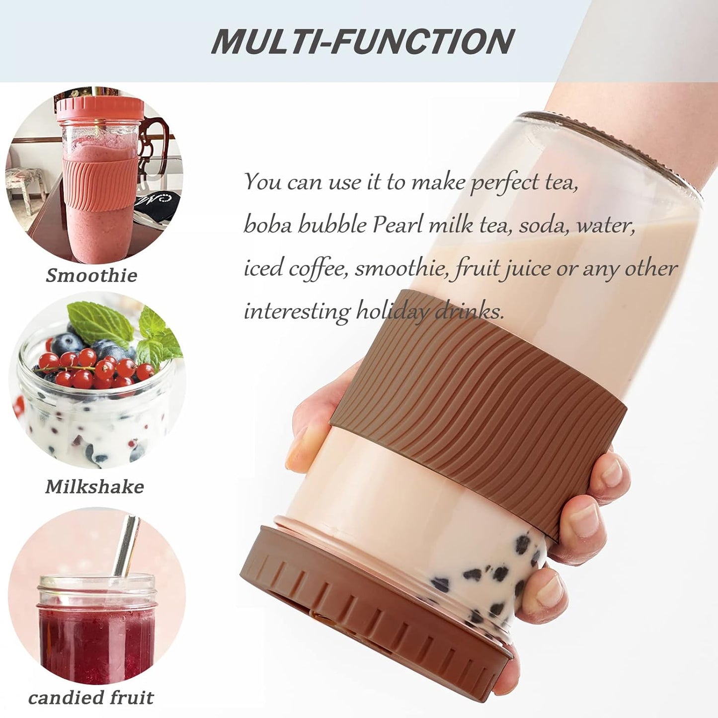 Amyoole 2 Pack Reusable Boba Cup, 24Oz Wide Mouth Smoothie Cup,mason Jar Glass Cups with Lids and Straws,Bubble/Boba Tea Cups,Ice Coffee Tumbler 2 colored straws 1 sponge brush(Pink)