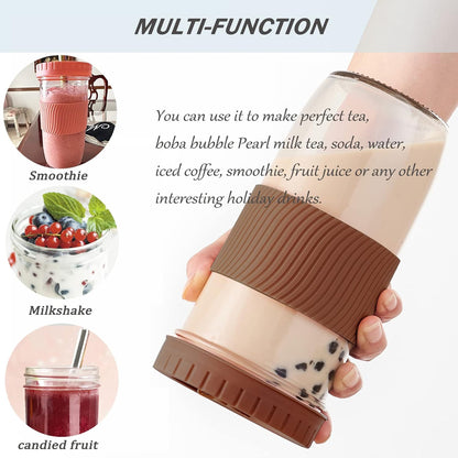 Amyoole 2 Pack Reusable Boba Cup, 24Oz Wide Mouth Smoothie Cup,mason Jar Glass Cups with Lids and Straws,Bubble/Boba Tea Cups,Ice Coffee Tumbler 2 colored straws 1 sponge brush(Pink)