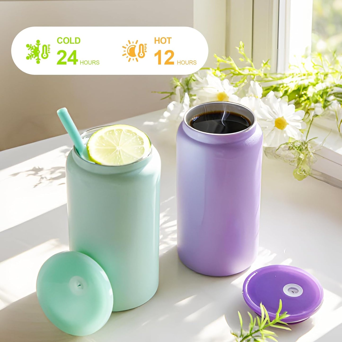 6 Pack Glass Cups with Lids and Straws Unbreakable 16 oz Stainless Steel Can Cup Double Wall Insulated Beer Can Tumbler for Iced Coffee, Juice, Soda, Matte-Colored