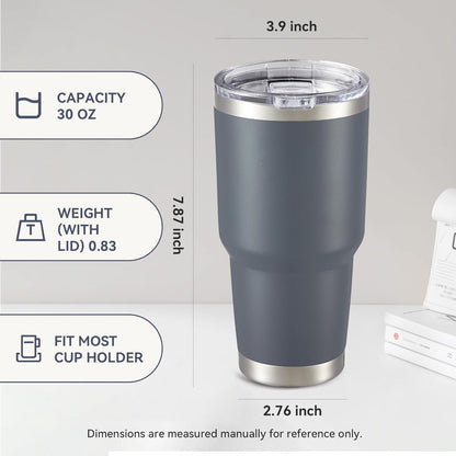 30 oz Tumbler with Lid Stainless Steel Tumblers Vacuum Insulated Cup Reusable Powder Coated Travel Mug Double Wall Leak Proof Portable Cups Keep Cold Drinks for 12 Hours, Stainless, 1 Pack