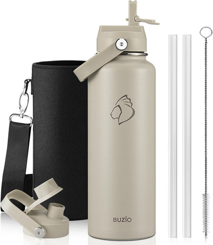 BUZIO 40oz Insulated Water Bottle, Triple Wall Vacuum Stainless Steel Water Flask with 2 lids, Lead-Free BPA-Free Straw Lid Sports Canteen Jug, Cold 48H & Hot 24H- Black - Colors A