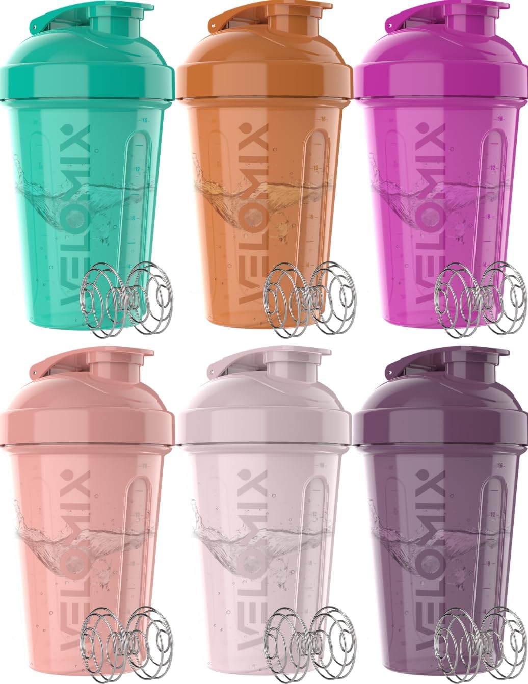 VELOMIX -6 PACK- 20 oz Protein Shaker Bottle for Protein Mixes - 6x Wire Whisk | Leak Proof Shaker Cups for Protein Shakes | Stackable Protein Shaker Bottle Pack | Dishwasher Safe (Pastel Shades)
