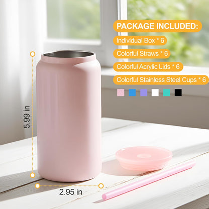 6 Pack Glass Cups with Lids and Straws Unbreakable 16 oz Stainless Steel Can Cup Double Wall Insulated Beer Can Tumbler for Iced Coffee, Juice, Soda, Matte-Colored