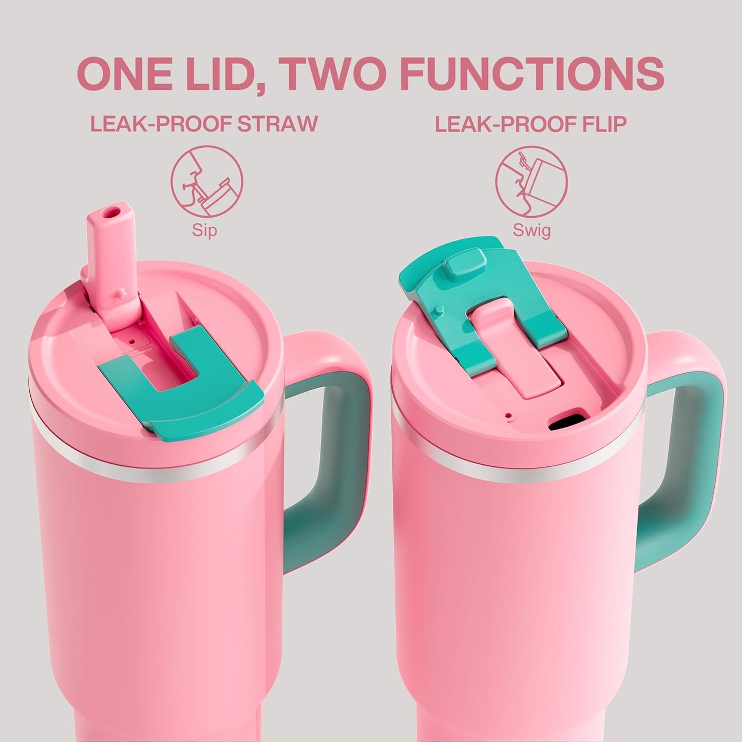 40 oz Tumbler with Handle and Straw: Stainless Steel Insulated Tumbler Keeps Cold for 24 Hours, Leakproof Travel Cup Fits in Cup Holder and BPA-Free, Cotton Candy