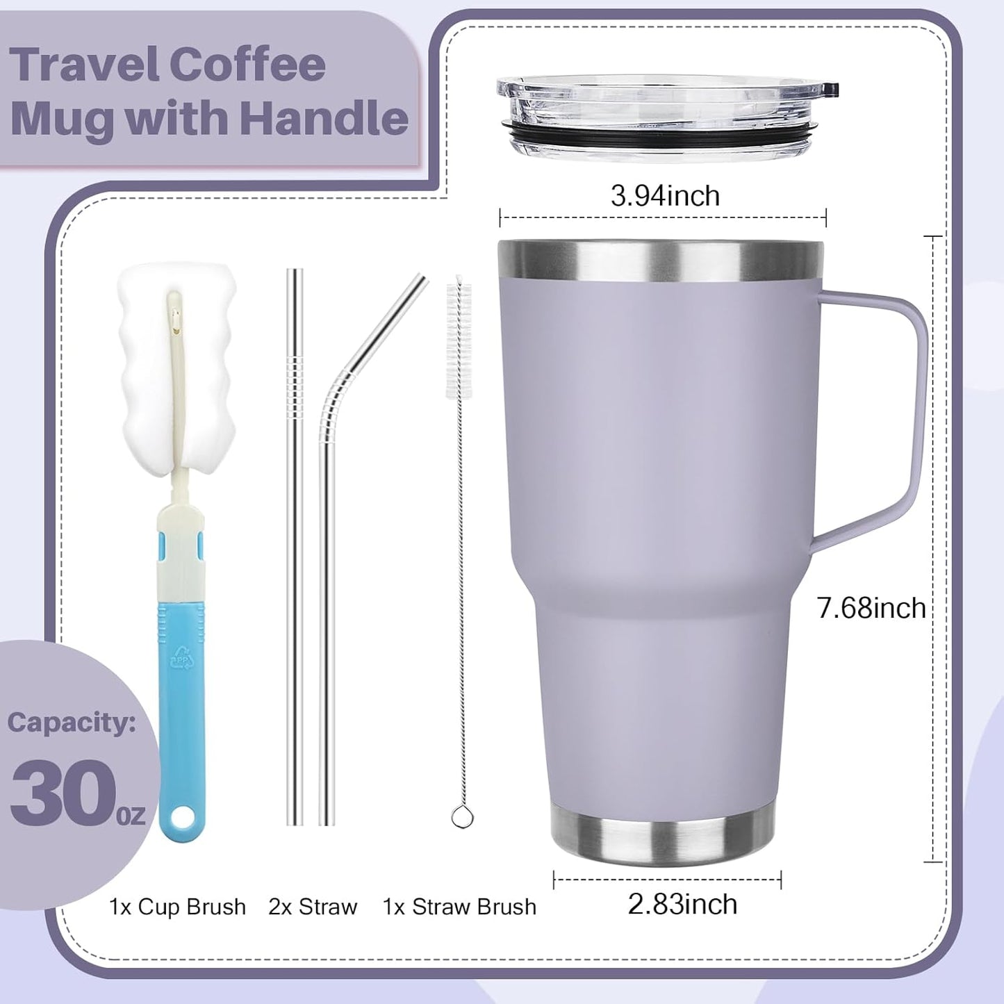 40 oz Tumbler with Handle, Insulated Tumbler with Lid and Straw, Reusable Stainless Steel Vacuum Insulated Cup, 100% Leak Proof Thermal Travel Coffee Mug Cup for Cold and Hot (Light Purple)