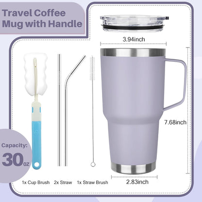 40 oz Tumbler with Handle, Insulated Tumbler with Lid and Straw, Reusable Stainless Steel Vacuum Insulated Cup, 100% Leak Proof Thermal Travel Coffee Mug Cup for Cold and Hot (Light Purple)