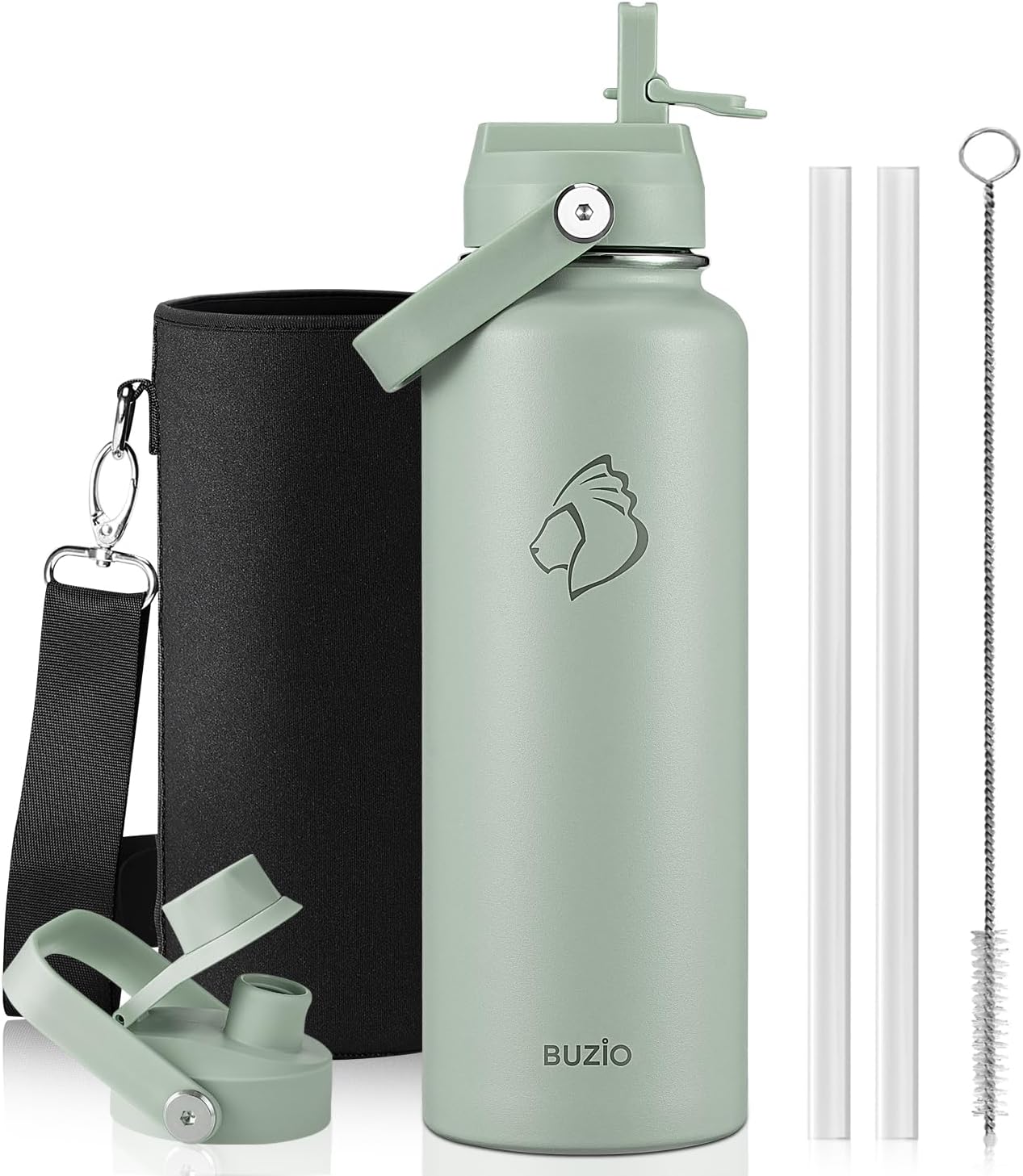BUZIO 40oz Insulated Water Bottle, Triple Wall Vacuum Stainless Steel Water Flask with 2 lids, Lead-Free BPA-Free Straw Lid Sports Canteen Jug, Cold 48H & Hot 24H- Black - Colors A