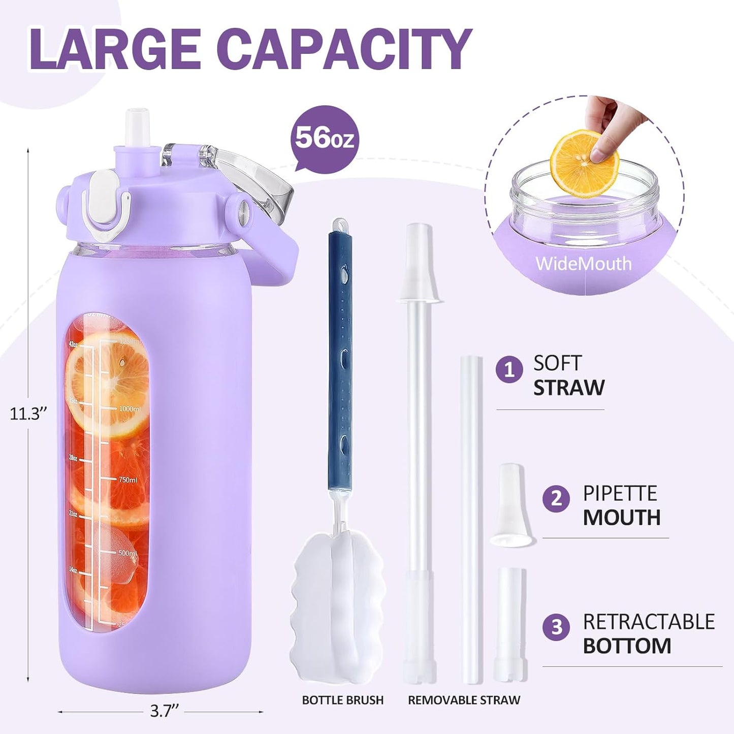 64oz Glass Water Bottles with Straw, Half Gallon Motivational Glass Bottle with Silicone Sleeve and Time Marker, 2L Leakproof Large Glass Water Jug for Gym Home Office,olive