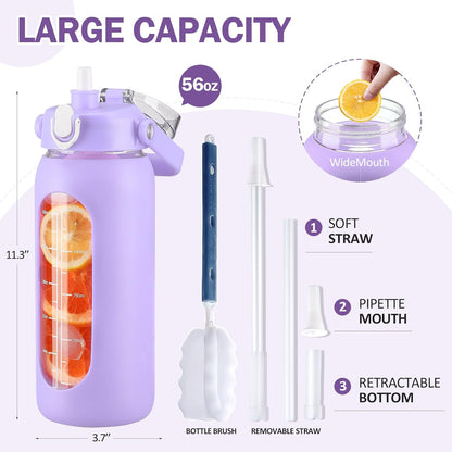 64oz Glass Water Bottles with Straw, Half Gallon Motivational Glass Bottle with Silicone Sleeve and Time Marker, 2L Leakproof Large Glass Water Jug for Gym Home Office,olive
