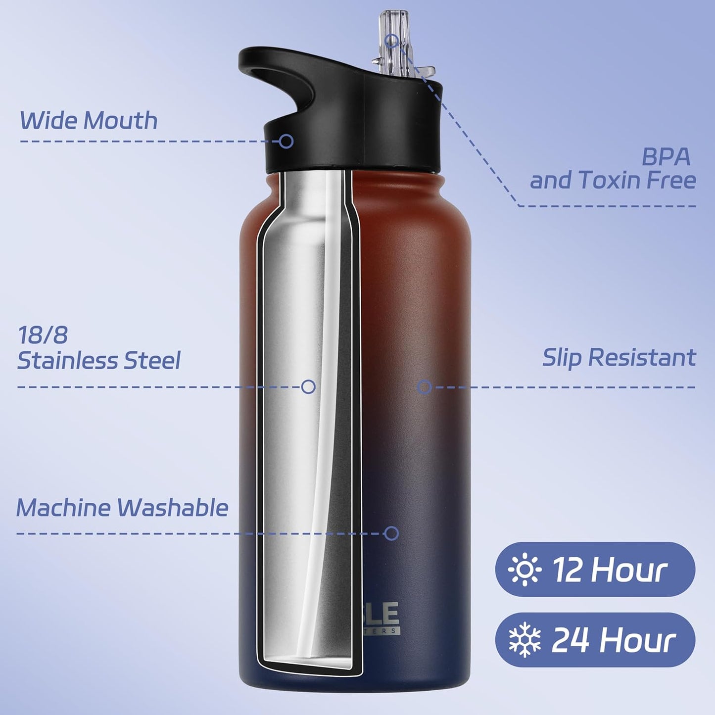 HASLE OUTFITTERS 32 oz Insulated Water Bottle Stainless Steel Double Walled Vacuum Sports Water Bottle with 2 Lids (Straw and Spout Lid) for Gym Camping Hiking(Black,1)