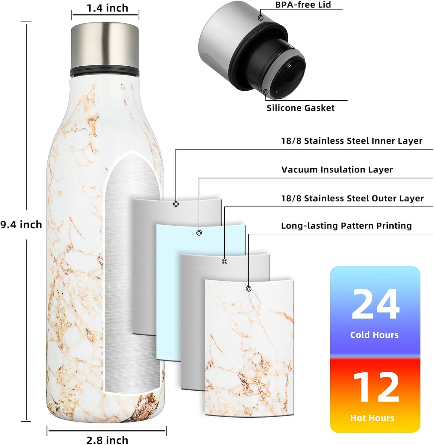 BJPKPK Insulated Water Bottles, 18 oz Stainless Steel Metal Water Bottle with Strap, BPA Free Leak Proof Jugs, Mugs, Flasks, Reusable Thermal Flasks for Sports & Travel, Black - Colors B
