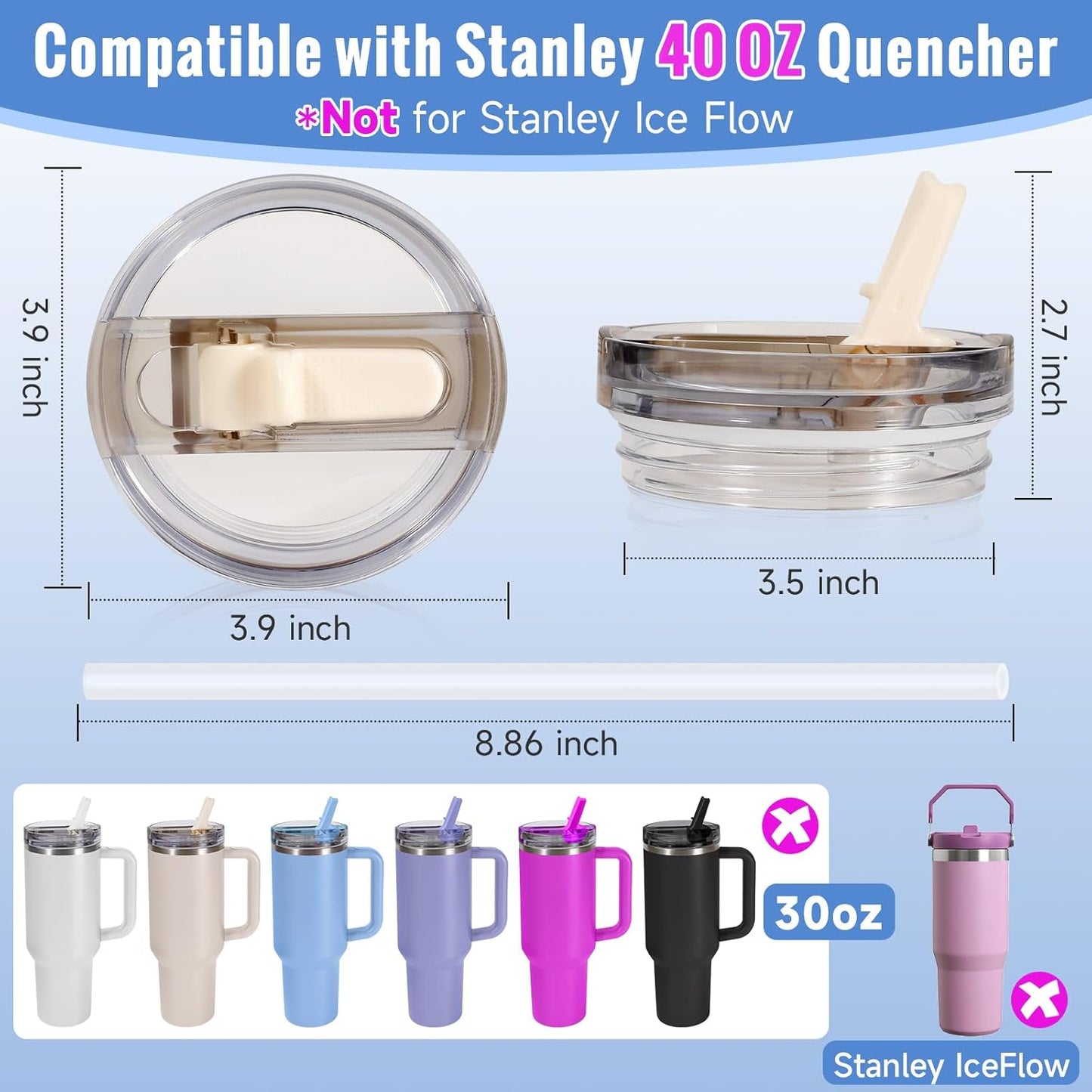 30oz Flip Straw Lid for Stanley Quencher H2.0 Tumbler, 2 Pack Leak Proof Lid Replacement No Spill Cover for Stanley Cup Accessories ProTour (Rose Quartz,Rose Quartz) - Colors C