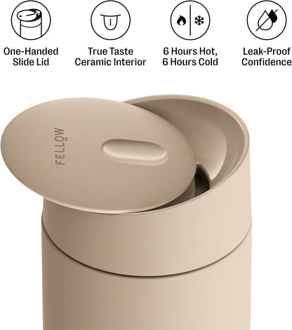 Fellow 16 oz Carter Slide Ceramic Lined Coffee Travel Mug – One-Handed Slide Lid, Vacuum Insulated Stainless Steel, Leak-Proof, Hot 6 Hours Cold 6 Hours, BPA-Free, Dishwasher Safe, Hazy Blue