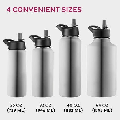 FineDine Water Bottle - Stainless Steel Insulated Water Bottle with Straw Lid, Flip Lid & Wide-Mouth Cap - Keeps Hot and Cold - 25 Oz / 739ml - Dreamy Purple