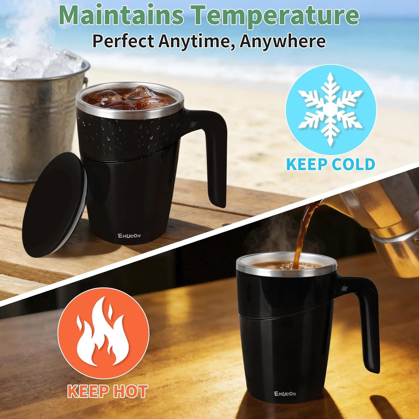 Anti-Impact No-Tip Desk Mug, 470ml / 15.9oz Stainless Steel Vacuum Insulated Mug with Handle, Smart Suction Base, Non-Slip & Knock Proof, Helps Prevent Desk Spills for Coffee, Tea, Kids & Pets (Black)