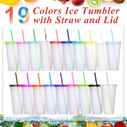 Honeydak 15 Pack Tumbler with Straw and Lid Bulk Cups for Gifts Water Bottle Iced Coffee Travel Mug Cup Reusable Plastic Tumblers for Party Birthdays 24-27 oz (Solid Color)