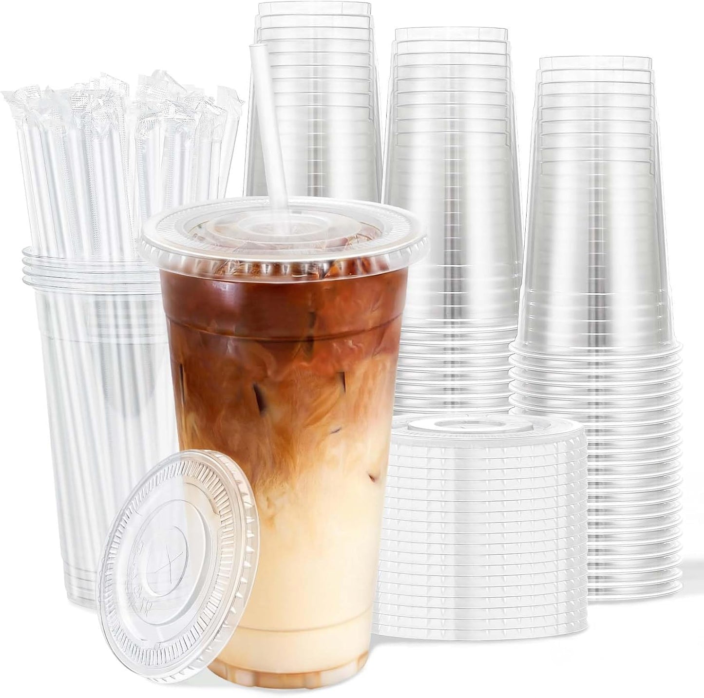 Clawsoff 100 Pack 20 oz Disposable Clear Plastic Cups with Lids and Straws, Leak-Proof Sturdy Cold Drink Cups for Iced Coffee, Smoothies, Juice, Parties & Business